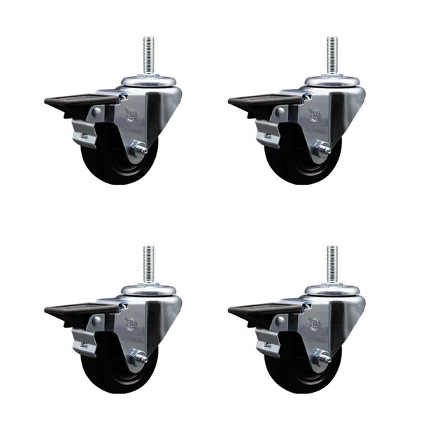 3 Inch Hard Rubber Wheel Swivel 34 Inch Threaded Stem Caster Set with Brake SCC